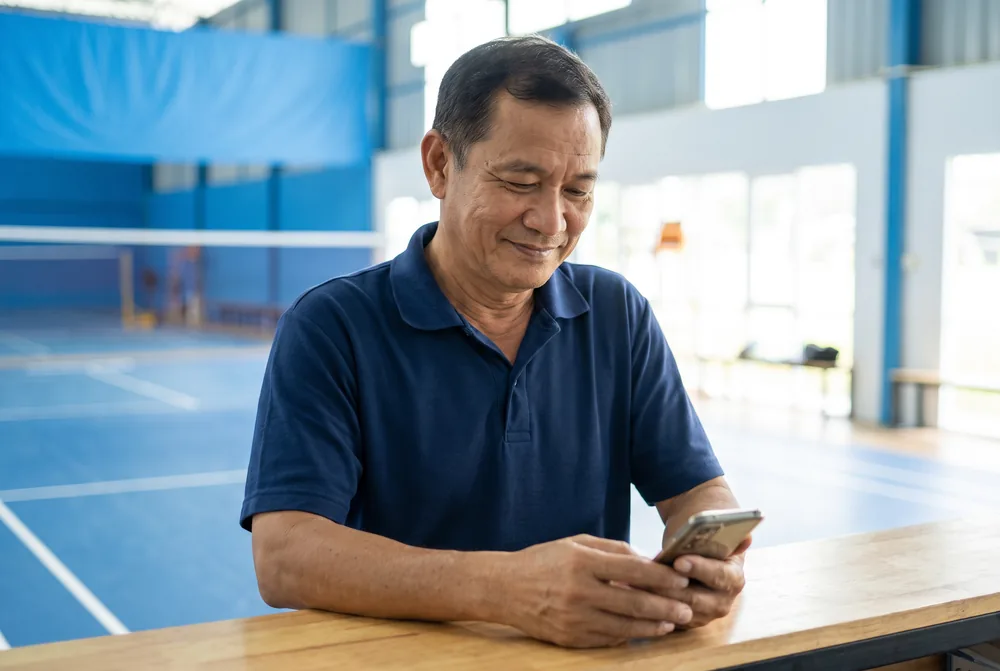 ภาพประกอบ: ผู้ชายถือโทรศัพท์ในสนามแบดมินตันในร่ม